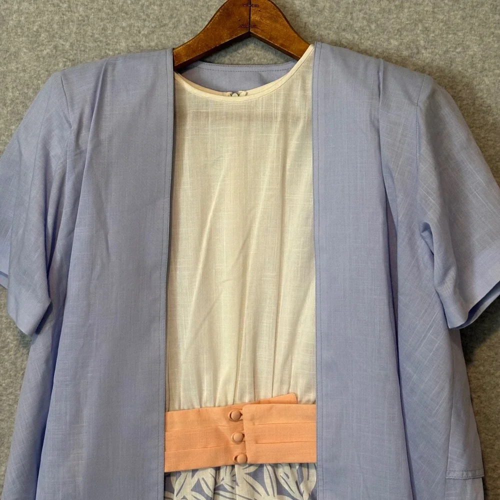 Vintage Leslie Fay Womens 12 2pc Tea Dress Set Blue White Tropical Palm Leaf 80s - Picture 2 of 14